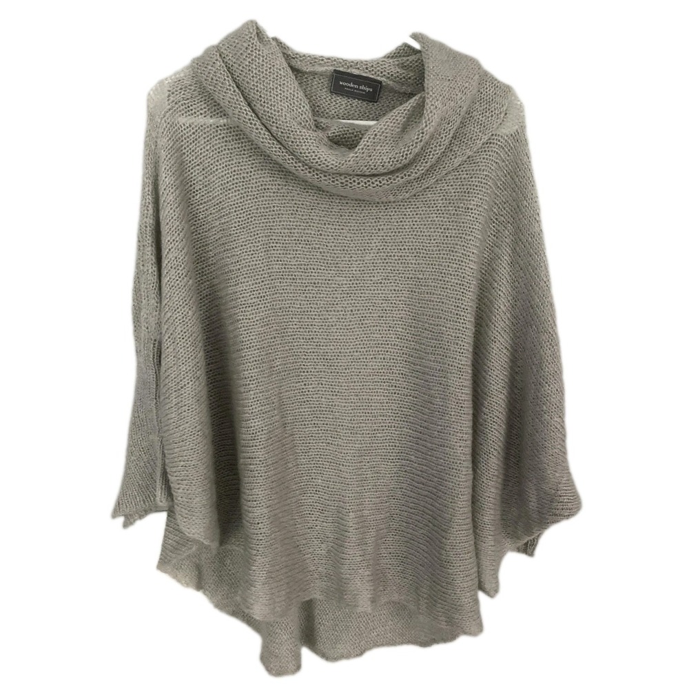 Wooden Ships Sweater Women M/L Gray Cowl Neck Open Knit Dolman Wool Blend EUC